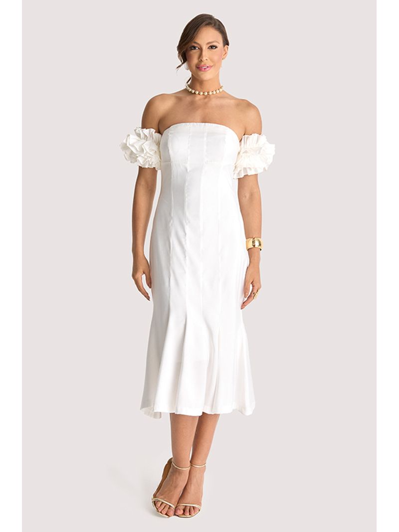Vestido Plano Midi Ombro A Ombro Com Babados Branco 40