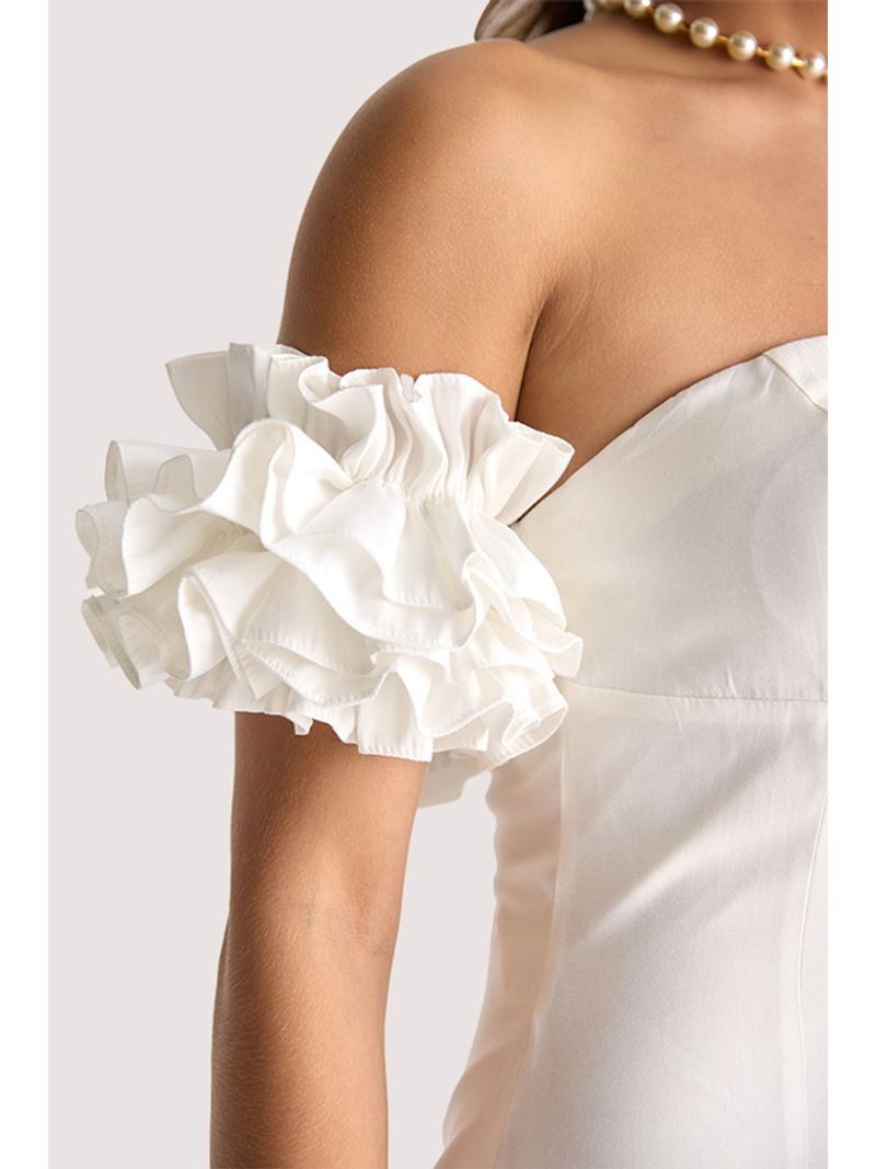 Vestido Plano Midi Ombro A Ombro Com Babados Branco 40