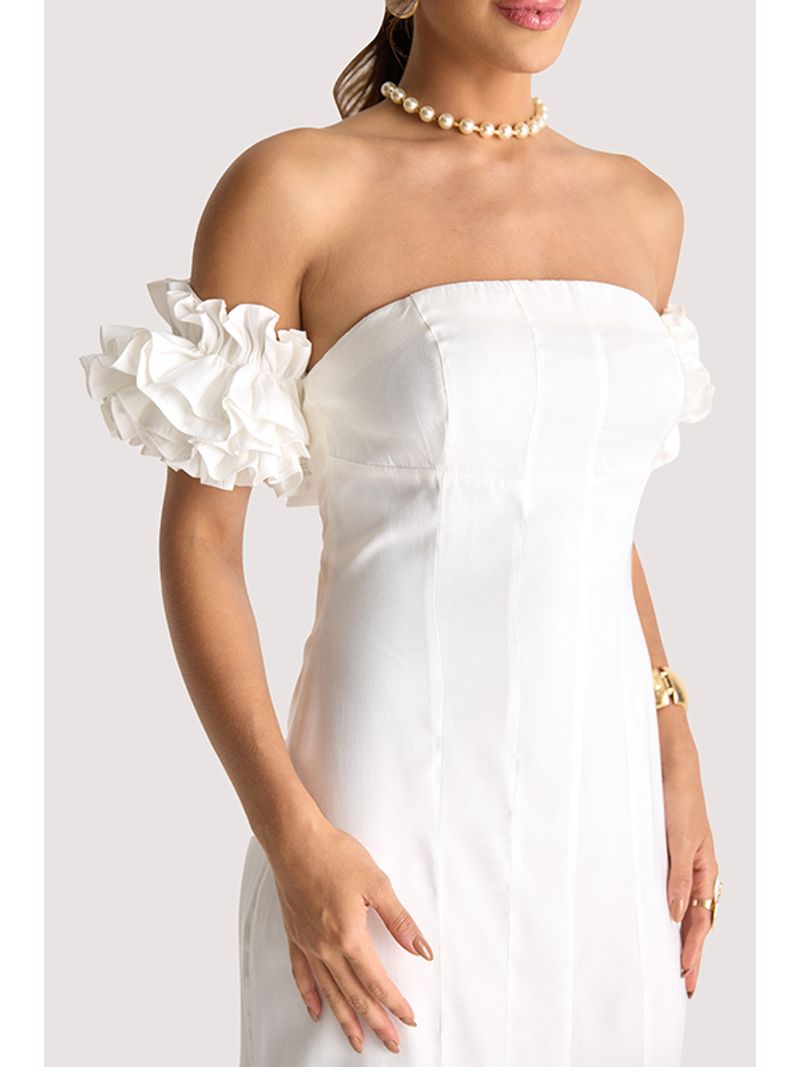 Vestido Plano Midi Ombro A Ombro Com Babados Branco 40