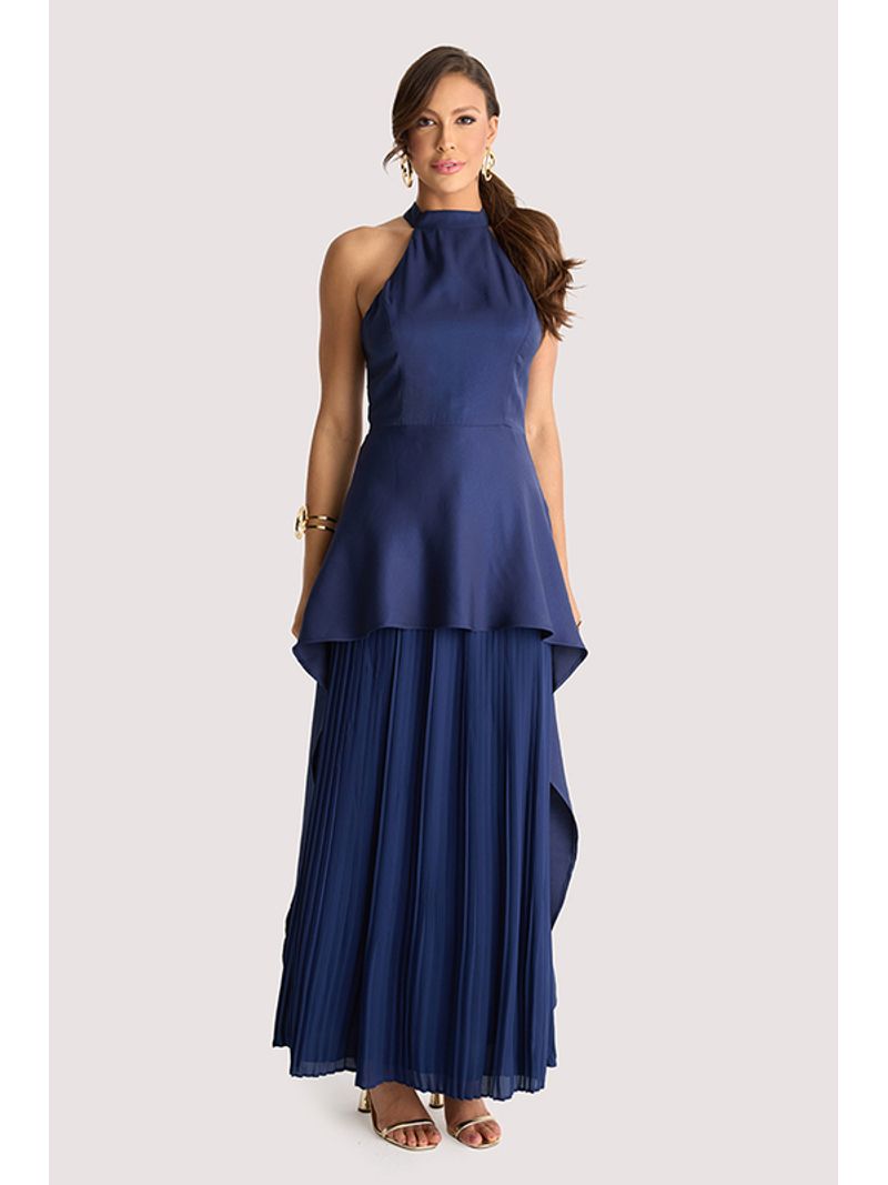 Conjunto Blusa E Saia Longa Plissada Marinho 38