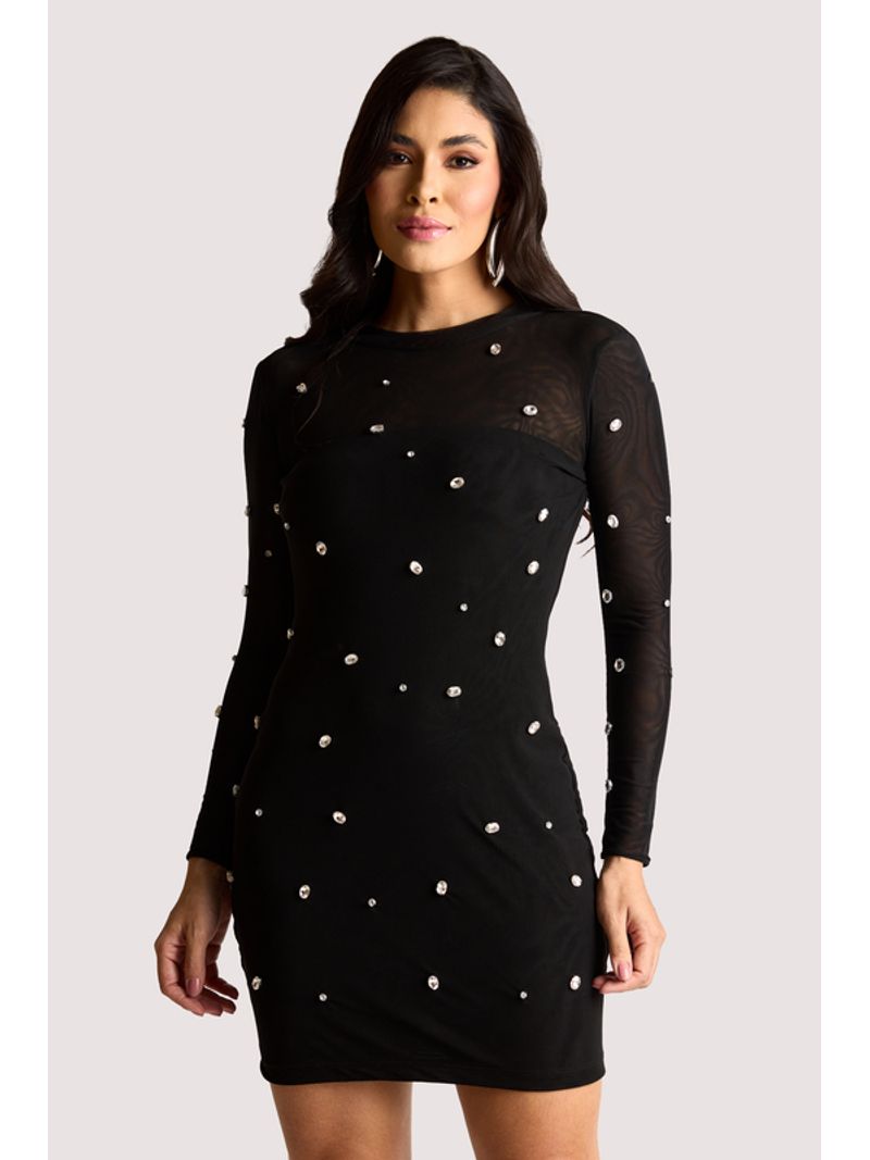 Vestido Curto Manga Longa Com Chattons Preto P