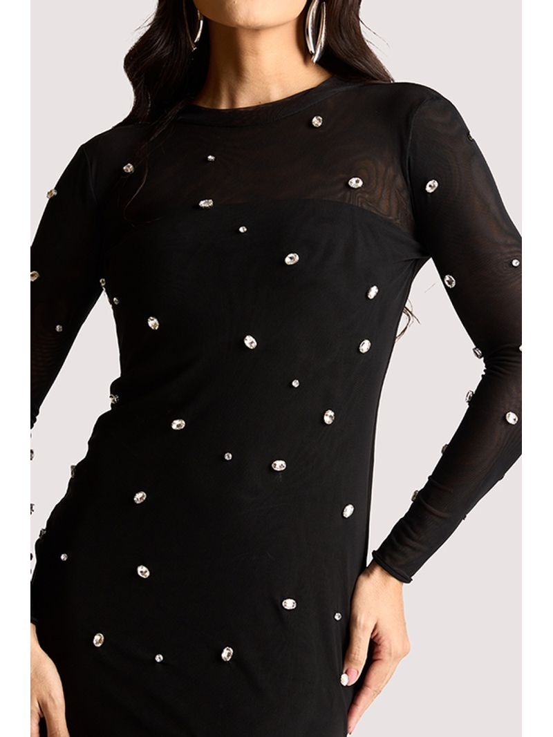 Vestido Curto Manga Longa Com Chattons Preto P