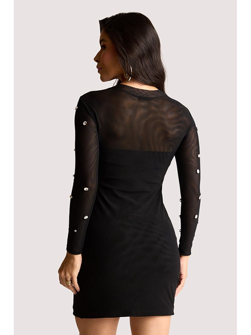 Vestido Curto Manga Longa Com Chattons Preto P