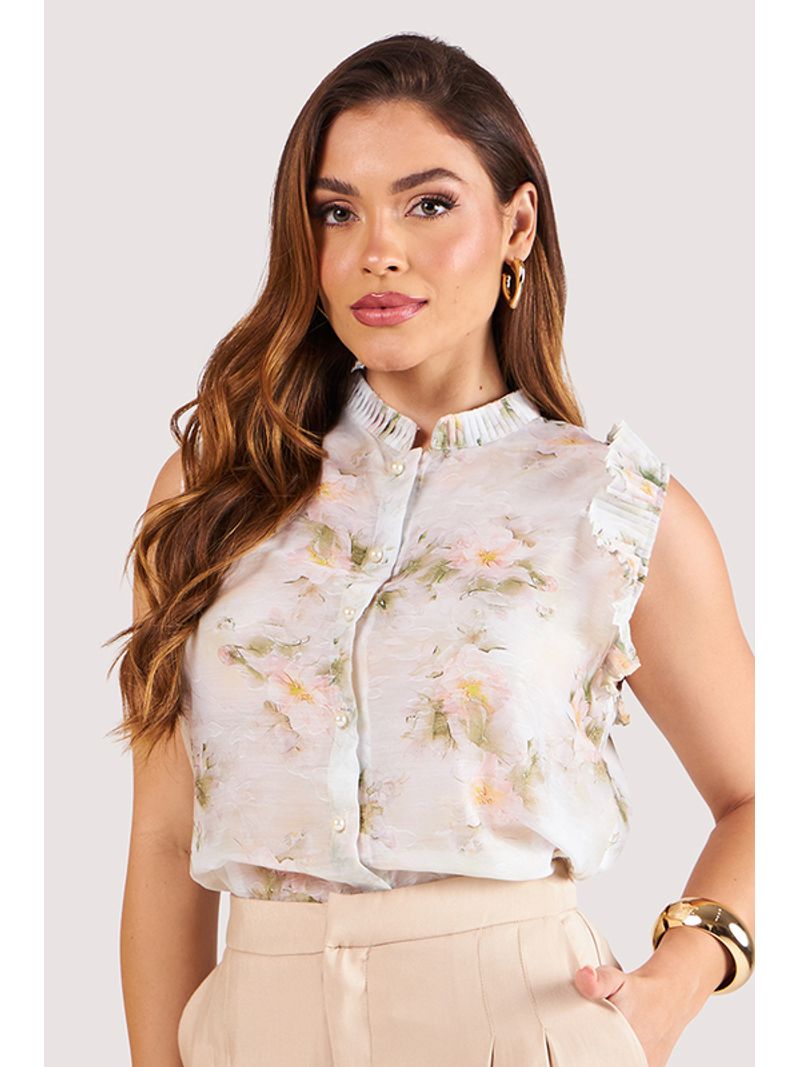 Blusa Com Babados Plissado E Botoes Em Perolas Estampado 38