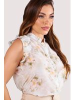 Blusa Com Babados Plissado E Botoes Em Perolas Estampado 38