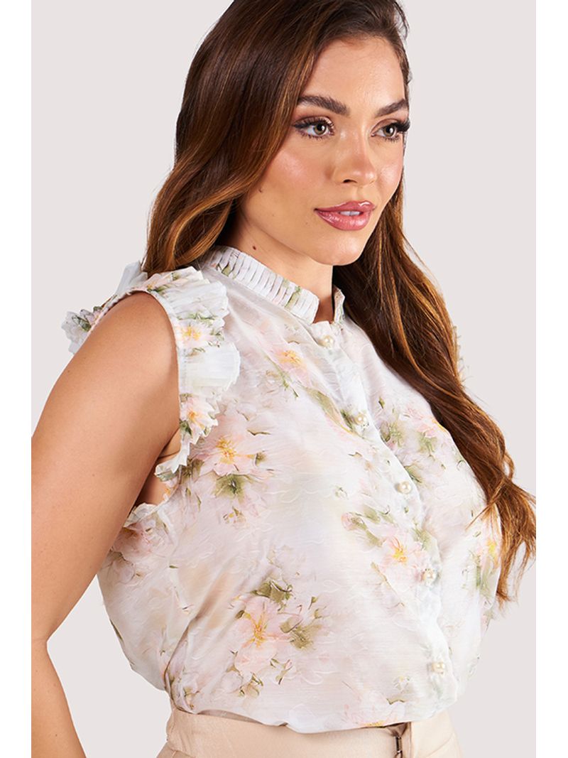 Blusa Com Babados Plissado E Botoes Em Perolas Estampado 38