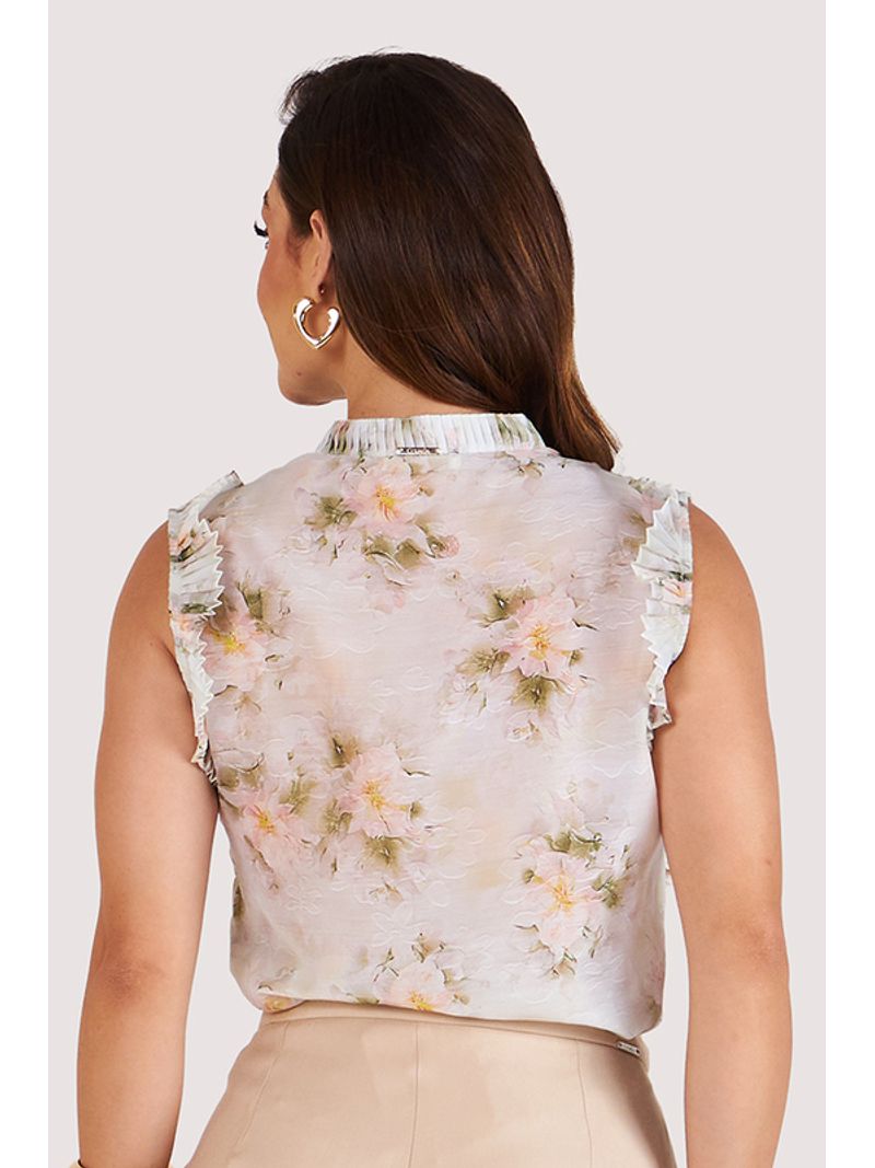 Blusa Com Babados Plissado E Botoes Em Perolas Estampado 38