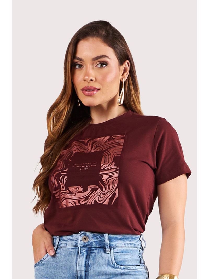Blusa Tshirt Com Estampa Silk Metalico E Tule Marrom P