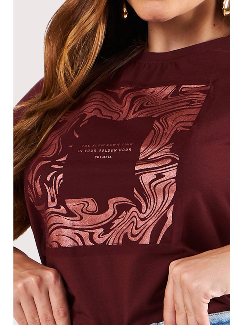 Blusa Tshirt Com Estampa Silk Metalico E Tule Marrom P