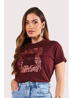 Blusa Tshirt Com Estampa Silk Metalico E Tule Marrom M