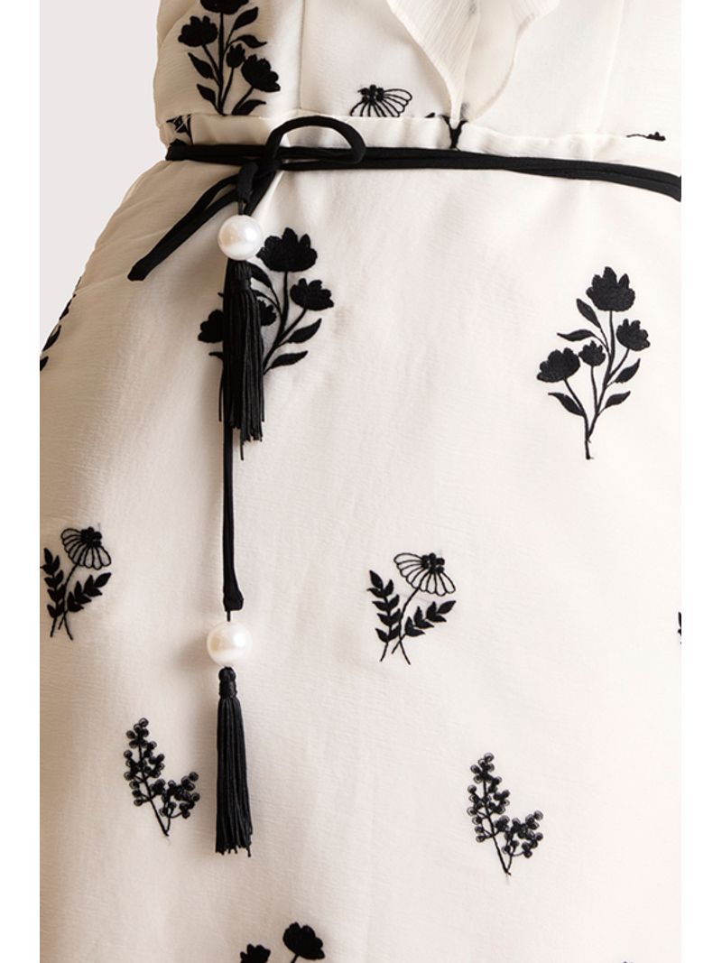 Vestido Plano Midi Com Babado No Decote Off/preto 38