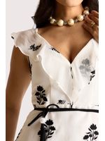 Vestido Plano Midi Com Babado No Decote Off/preto 42