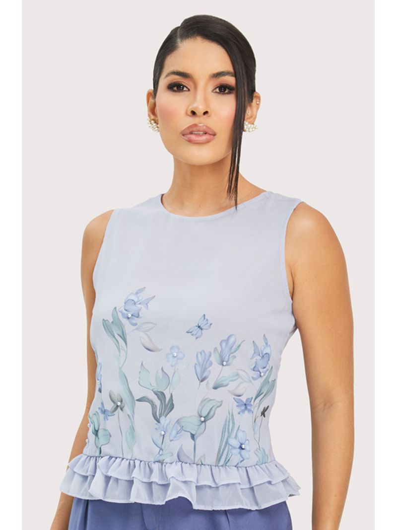 Blusa Regata Com Babado E Perolas Aplicestampado / Lilas 38