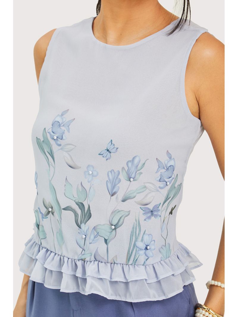 Blusa Regata Com Babado E Perolas Aplicestampado / Lilas 38