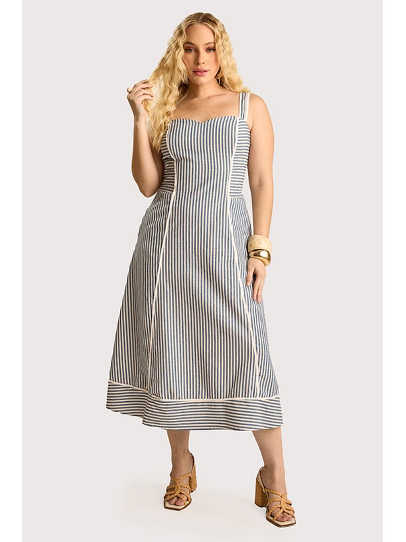 Vestido Midi Com Vivos Off/azul 38