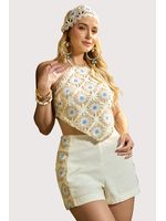 Conjunto Top Com Com Short Com Renda Bege/azul 44