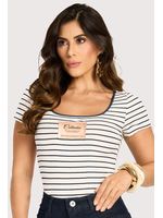 Blusa Manga Curta Com Decote Off White/vermelho P