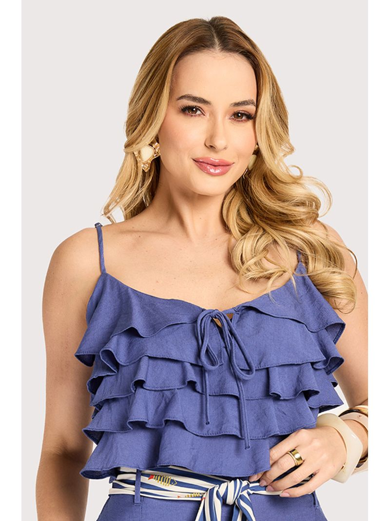 Blusa Cropped Com Babados Azul Carbono 42