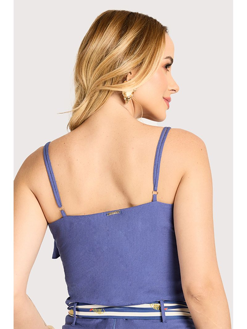 Blusa Cropped Com Babados Azul Carbono 42