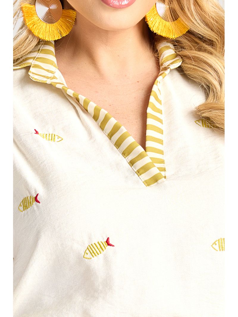 Blusa Regata Com Gola Listrada Off/amarelo 36