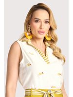 Blusa Regata Com Gola Listrada Off/amarelo 36