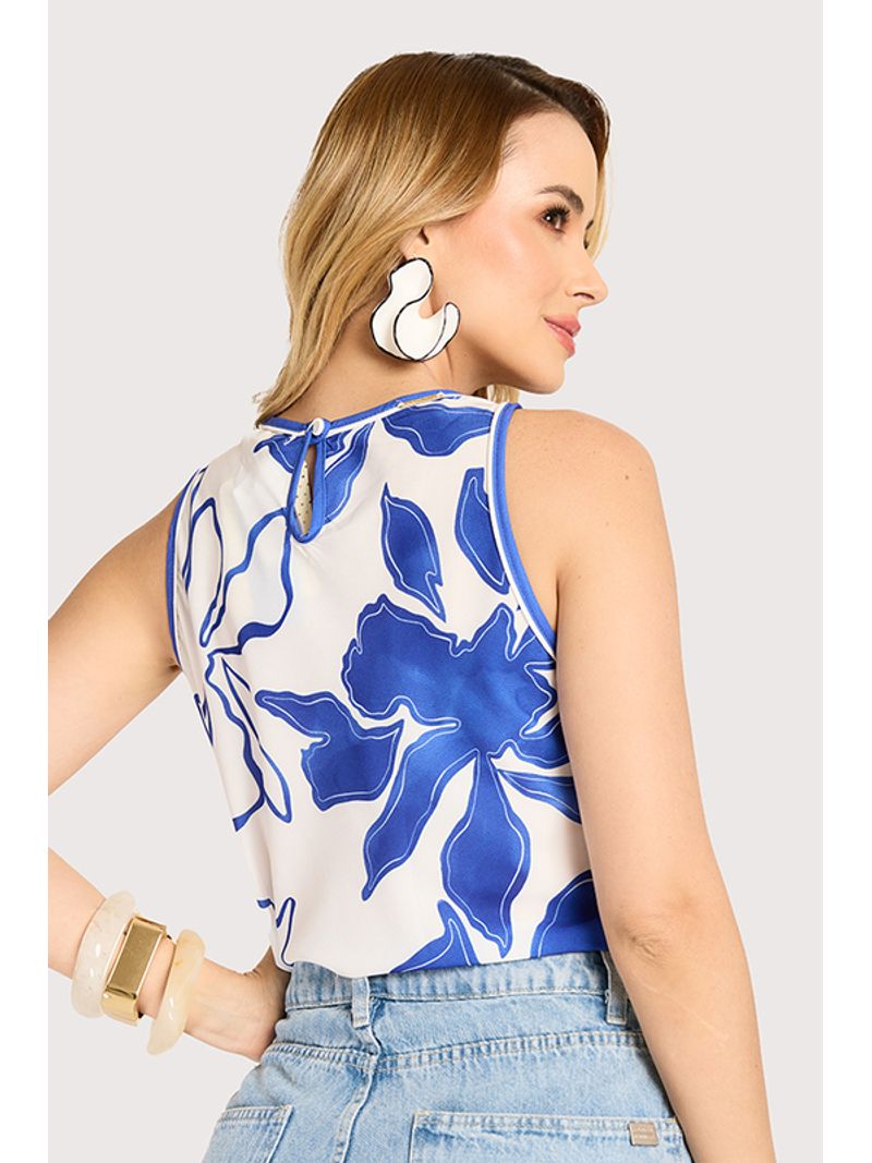 Blusa Regata Floral Cavada Estampado /  Azul 36