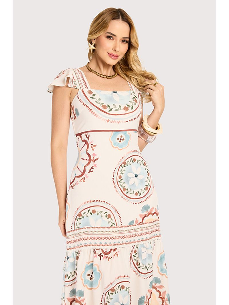 Vestido Longo Com Alca De Babado Estampado 36