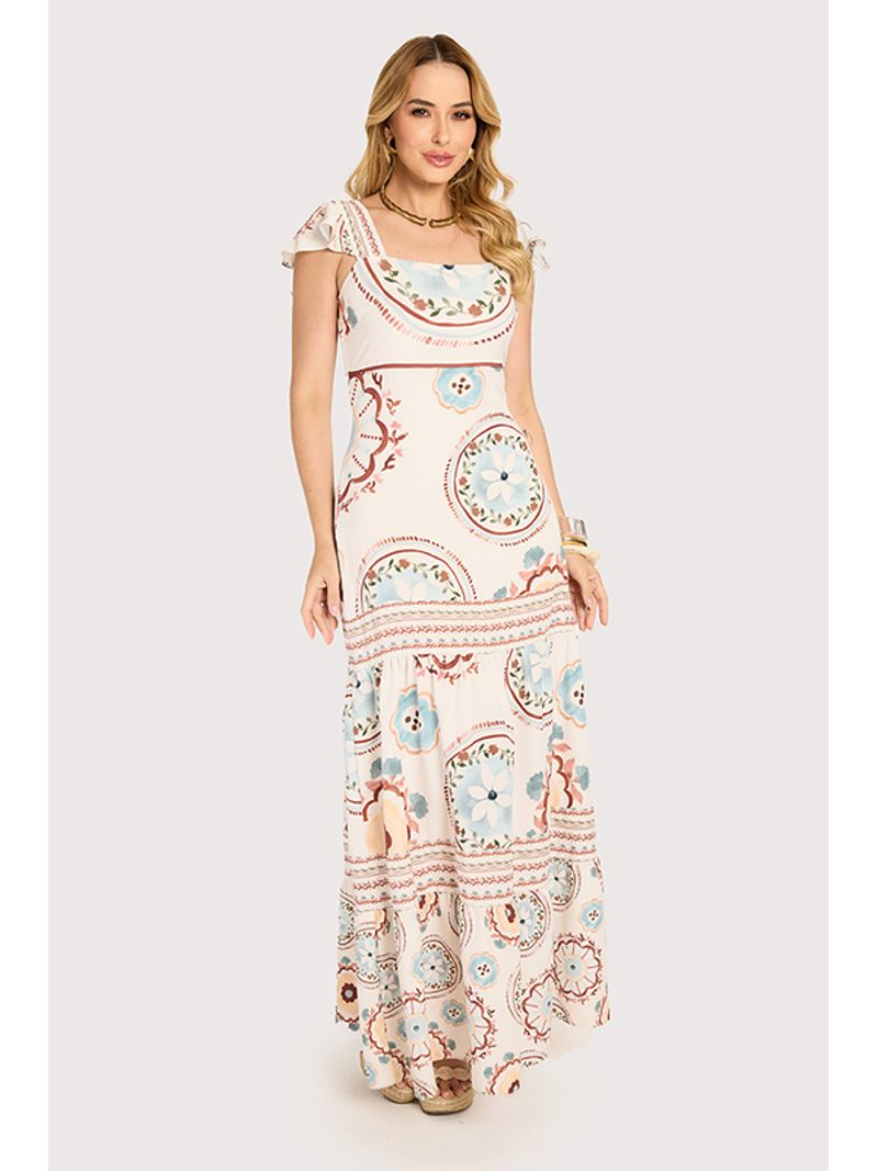 Vestido Longo Com Alca De Babado Estampado 36