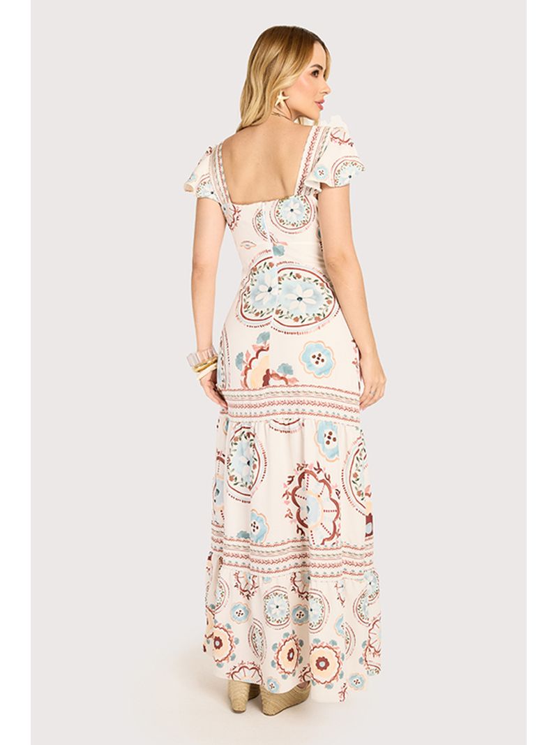 Vestido Longo Com Alca De Babado Estampado 36