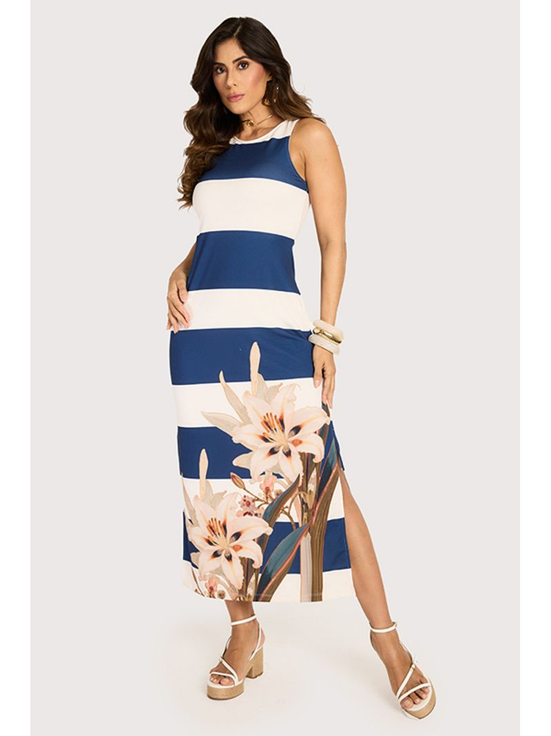 Vestido Em Listra Regatao Estampado Pp
