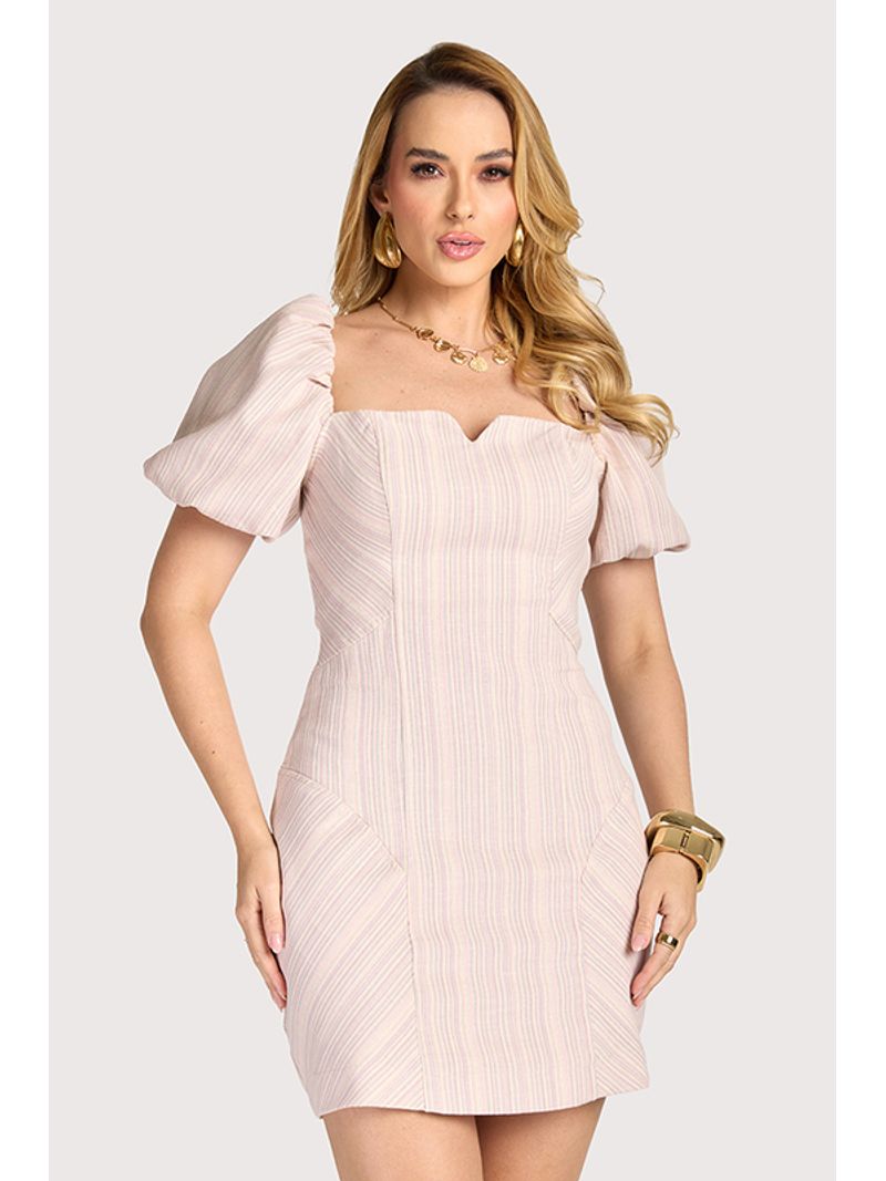 Vestido Com Recortes E Manga Balone Bege/azul 36