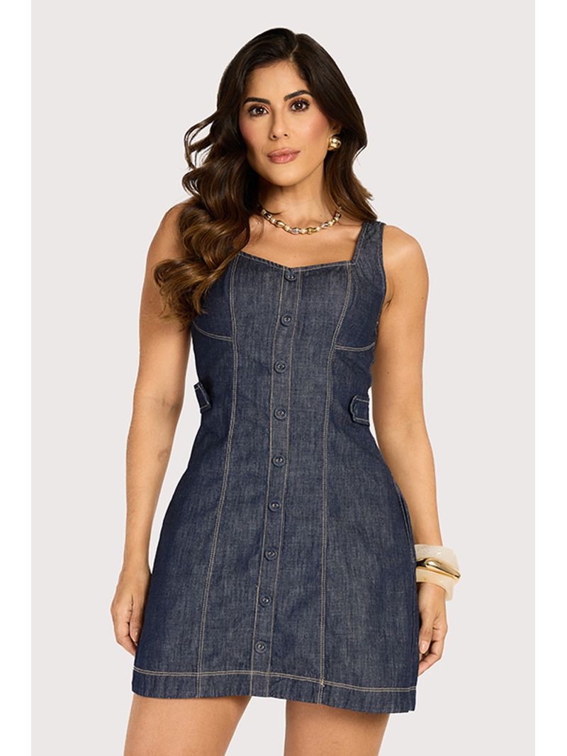 Vestido Curto Com Botoes Azul 38
