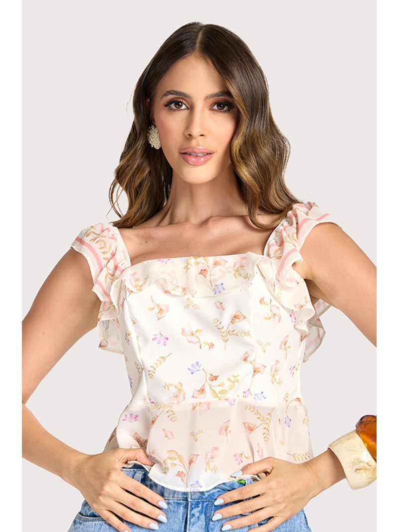 Blusa Cropped Com Babados Estampado 46