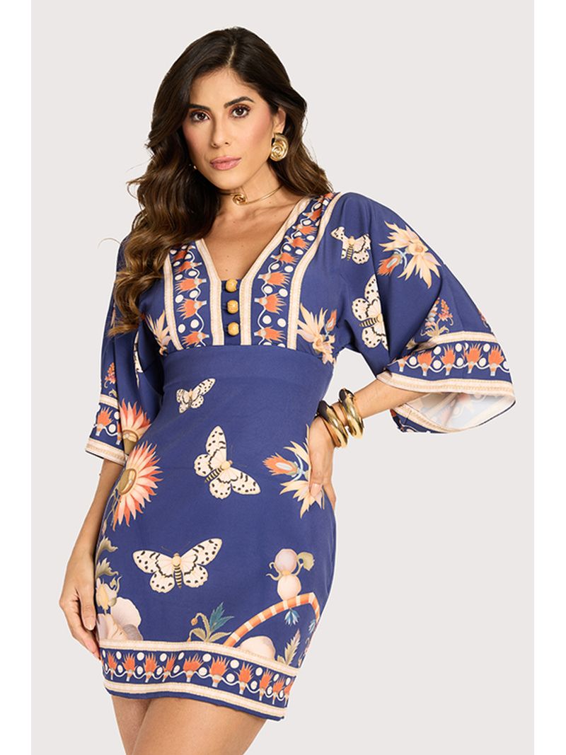 Vestido Borboleta Com Esferas De Made Estampado / Marinho 38