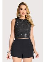 Conjunto Regata Curta E Short C Aplicacoes Strass Preto P