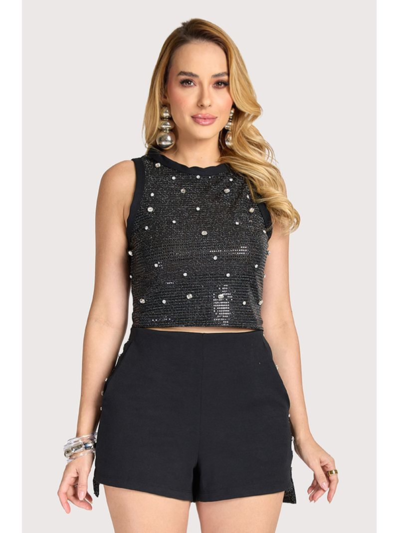 Conjunto Regata Curta E Short C Aplicacoes Strass Preto P