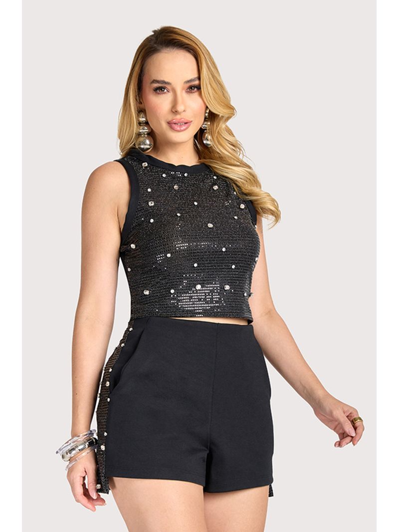 Conjunto Regata Curta E Short C Aplicacoes Strass Preto P