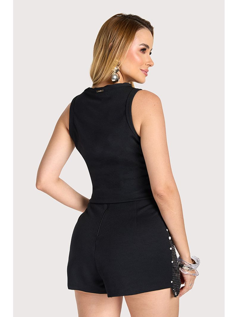 Conjunto Regata Curta E Short C Aplicacoes Strass Preto P