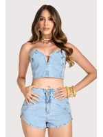 Conjunto Cropped Sem Alcas E Short Hot Pants Azul 42