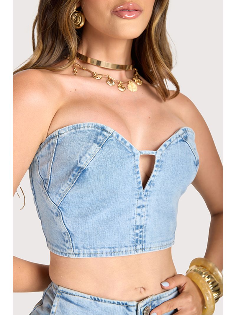 Conjunto Cropped Sem Alcas E Short Hot Pants Azul 42