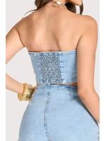 Conjunto Cropped Sem Alcas E Short Hot Pants Azul 42