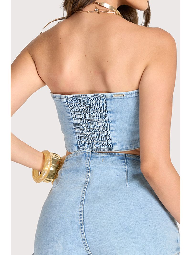 Conjunto Cropped Sem Alcas E Short Hot Pants Azul 42