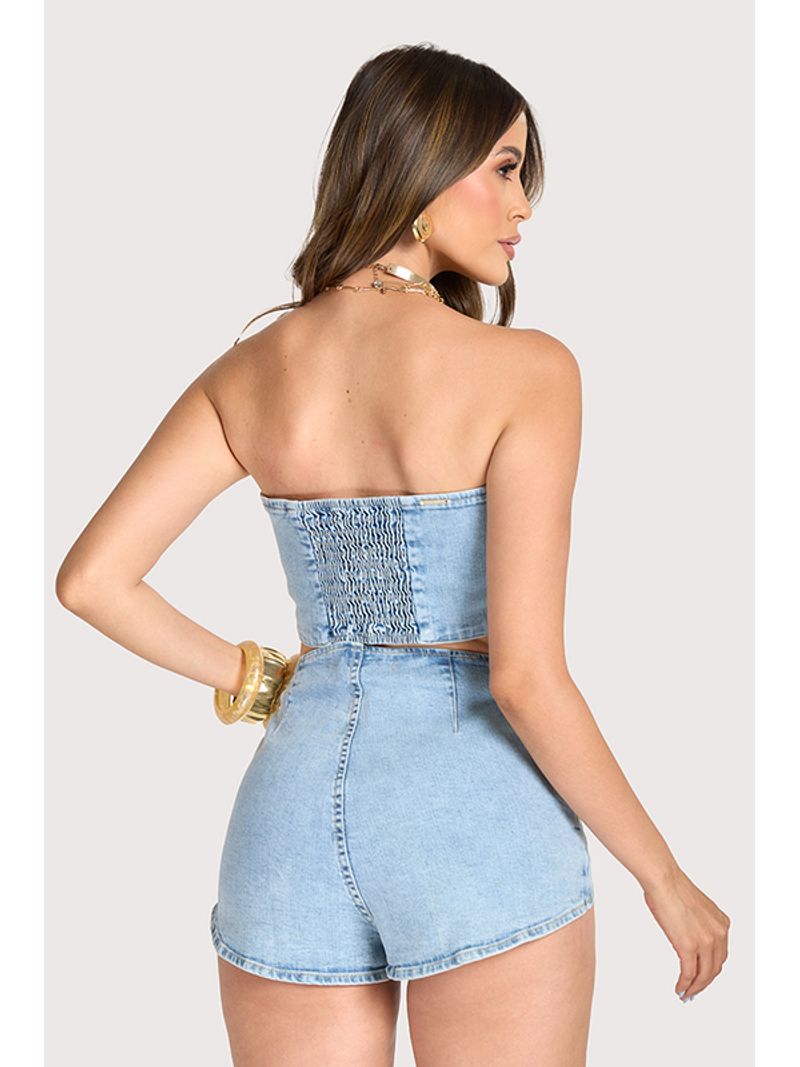 Conjunto Cropped Sem Alcas E Short Hot Pants Azul 42