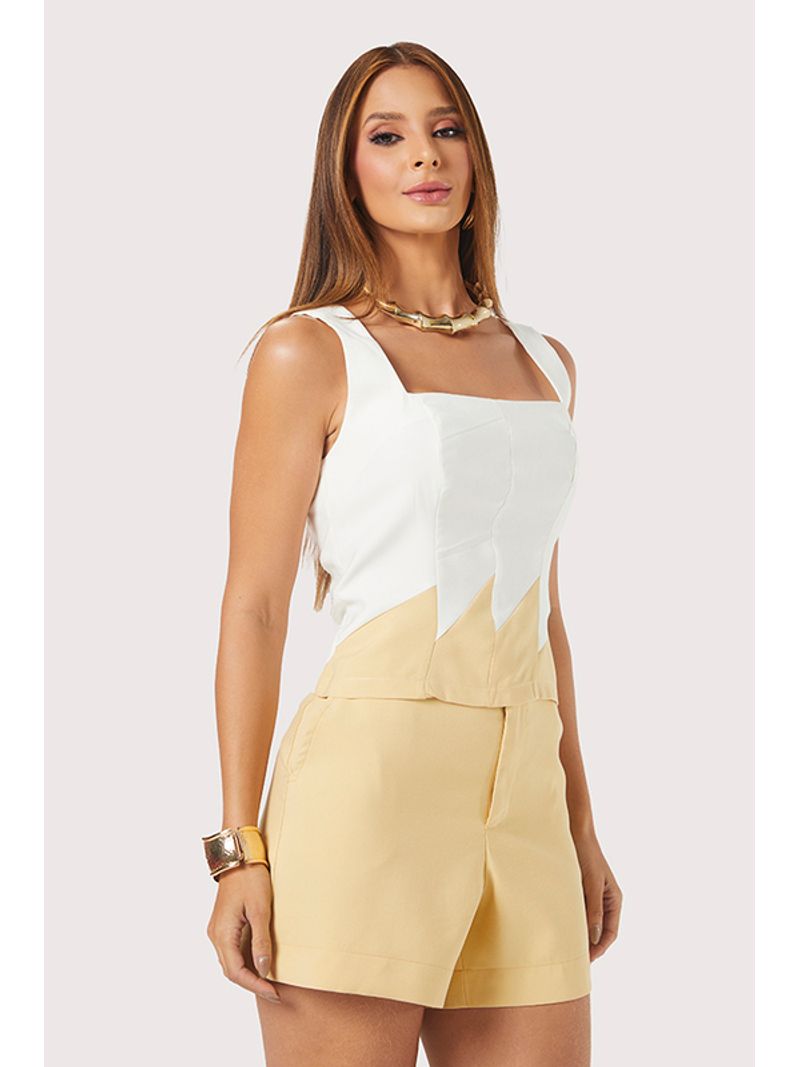 Conjunto De Blusa Bloco De Cores E Short Bege/off 38